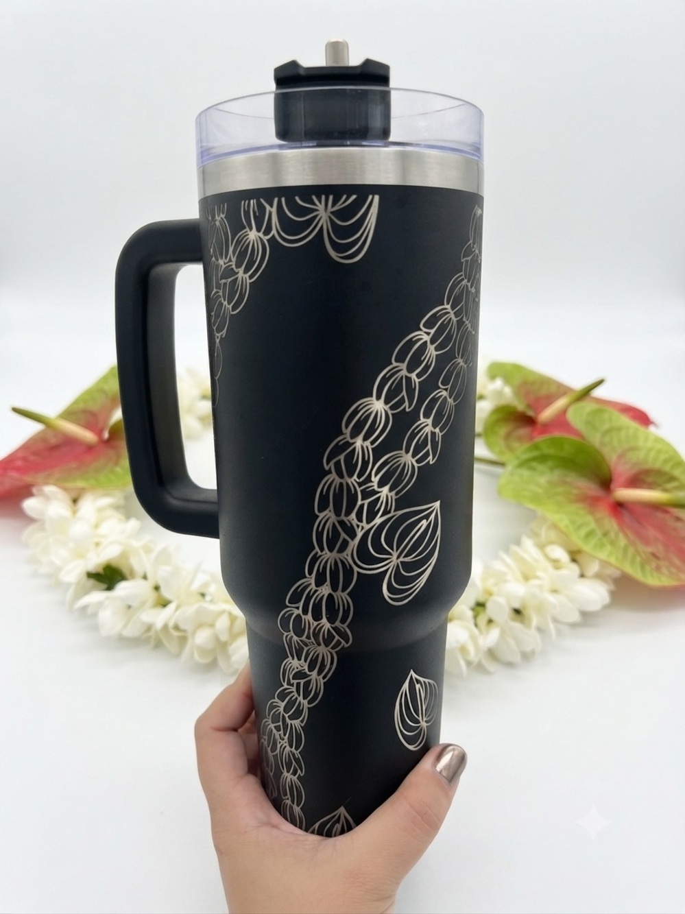 ⭐️ 40oz Tumbler • Laser Engraved • Pikake Lei & Anthurium • Hawaii • Black